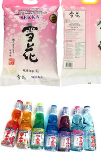 Dcross International Bundle Variety Value Set Shirakiku Carbonated Ramune Drink Mix Variety 7 Flavours 7 Bottles Japanese Soft Drink and Sekka Sushi Rice, 6.82kg One Pack.   Ship within 24 hours After Order Placement.